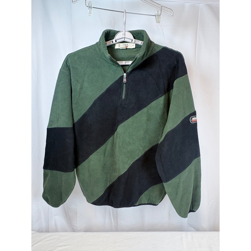 Vtg 90s Nautica Competition Men Fleece 1/4 Zip Colorblock Green Black Stripe L